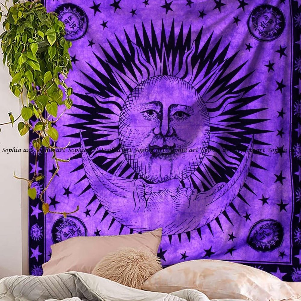 Twin Size Cotton Wall Bed Boho Purple Sun Celestial Tapestry NEW Dorm Room Decor